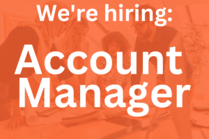 white text on orange background: "we're hiring an account manager"